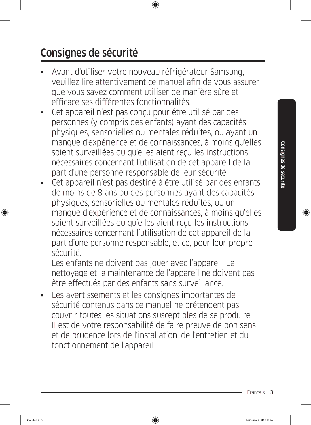 Samsung RZ32M7000SA/EF manual Consignes de sécurité, Français  